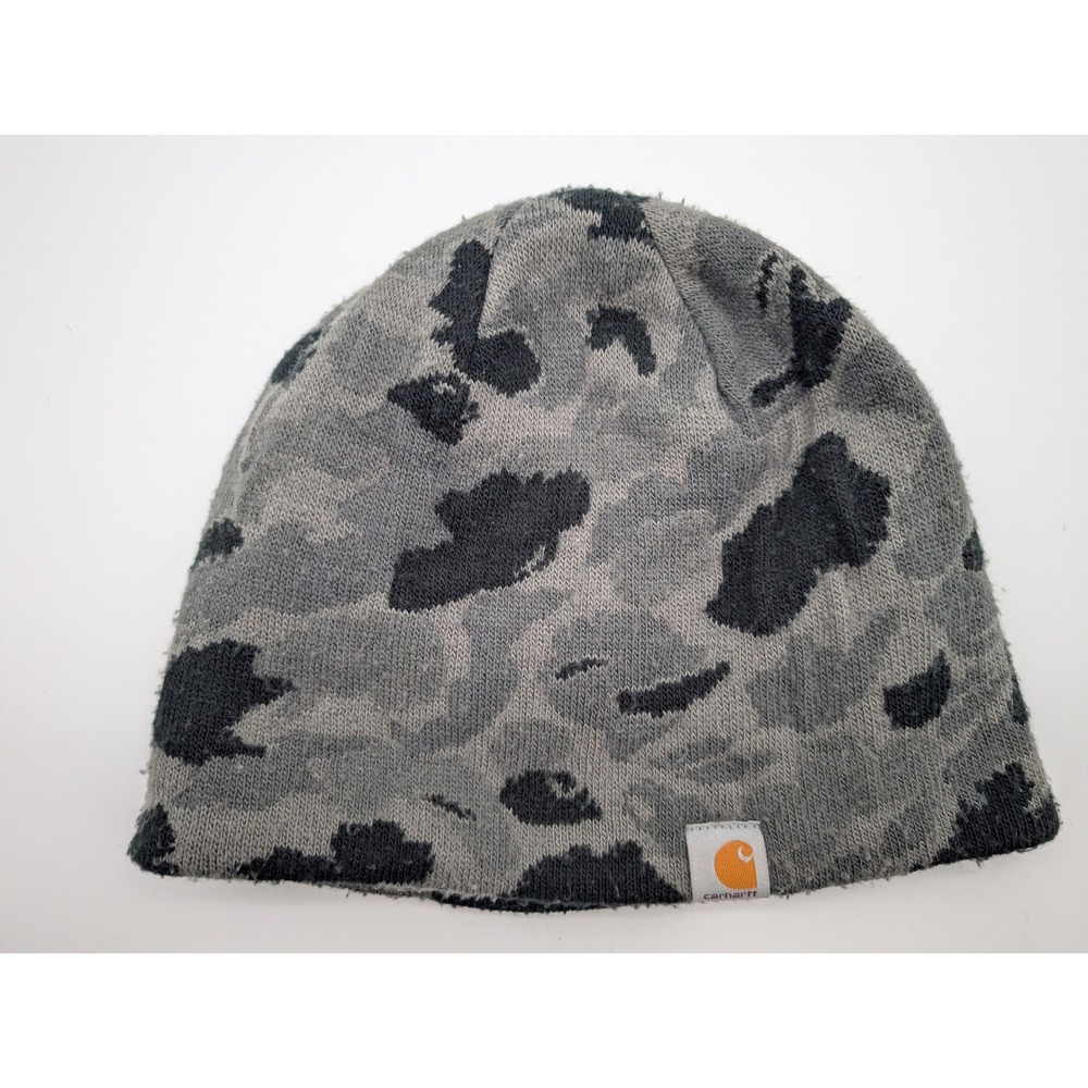 Carhartt Reversible Beanie Hat Grey Camo Charcoal Knit Logo Skull Cap